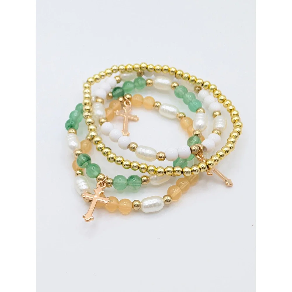 Christian Cross Beaded Stretch Bracelet Stack 4pc Faux Pearl Gold Tone Charms